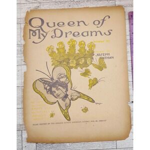 1905‎ Queen of My Dreams Sheet Music Butterfly Floral Cover Ethel Levy Portrait